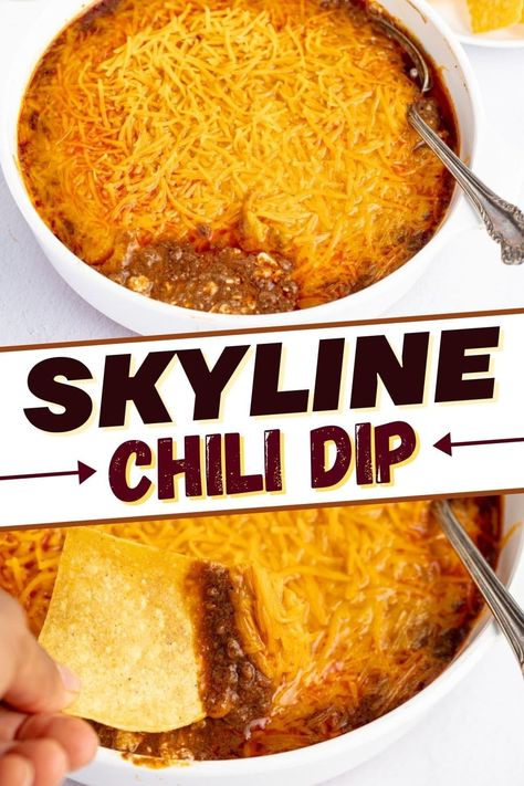 This Skyline chili dip recipe is a must for any party! Made with cream cheese, chili, and cheddar, it's a Cincinnati favorite! Skyline Dip, Skyline Chili Dip, Cream Cheese Chili, Chili Cream Cheese Dip, Chili Dip Recipes, Chedder Cheese, Skyline Chili, Cincinnati Chili, Chili Dip