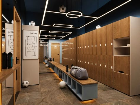 A project of a sports club located in Orenburg. The sports center will host football, volleyball and basketball competitions. Football Club Interior Design, Sports Locker Room Design, Sport Locker Room, Sport Interior Design, Sport Club Architecture, Sport Center Design, Sports Club Design, Sport Club Design, Soccer Locker Room