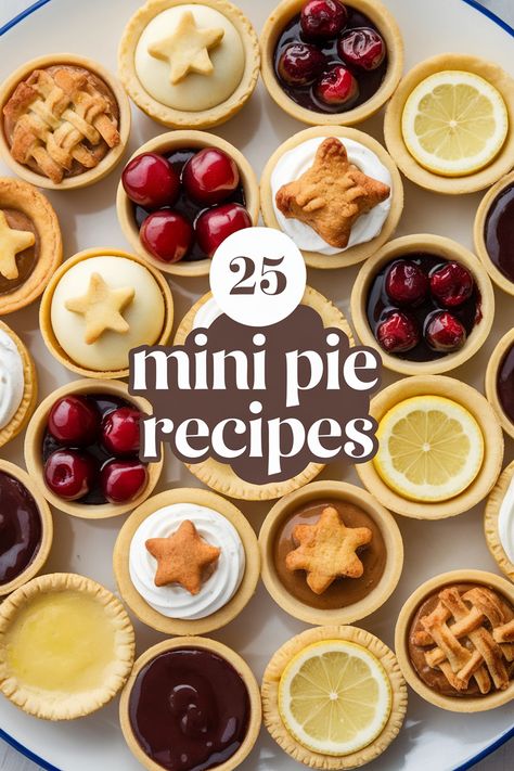 Mini pies are a crowd-pleasing party dessert that's easy to serve and enjoy. These bite-sized treats offer a variety of flavors and textures, making them perfect for any occasion. Discover unique mini pie ideas for your next gathering, from sweet chocolate and peanut butter to savory spinach and artichoke fillings. Easy mini pie recipes are perfect for beginners, while more elaborate options will impress your guests with your culinary skills. Mini Pie Filling Ideas, Mini Pie Press Recipes, Mini Pies For Christmas, Recipes Using Mini Pie Shells, Mini Holiday Pies, Mini Chess Pies, Mini Pie Crust Desserts, Easy Mini Pie Recipes, Premade Pie Crust Ideas Desserts