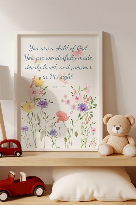 This lovely wildflower Christian print would be a beautiful bright floral accent to your girl's nursery. The illustration is made in digital files from our original hand-painted Flower watercolor painting. Girl Nursery Wildflower, Flower Bible Verse, Twin Baby Rooms, Bible Verse Nursery, Christian Prints, Scripture Print, Psalm 139, A Child Of God, Christian Girl