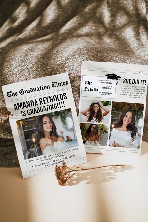 "Welcome to OhLillyDesign, where we celebrate your graduation with style and flair! Make your announcement truly memorable with our \"Extra Extra The Graduation Times\" Newspaper Invitation Template. TRY BEFORE BUY: https://templett.com/design/demo/ohlillydesigns/24289413 🎓 Size: 5x7 🖨️ Print or Send: Easily print at home, your local print shop, or share it via text or email - convenience at your fingertips! ✨ Perfect for Your Graduation Announcement: Welcome the Class of 2024 in style with our eye-catching and customizable template. The perfect way to share your achievement with friends and family. 🖊️ Editable on Templett: Tailor the template to your liking using Templett. It's user-friendly and allows you to add your personal touch effortlessly. 🏡 Print with Our Partner: For a hassle Senior Graduation Party Invitations, Masters Graduation Announcements, Unique Grad Invites, Creative Graduation Invitations, Digital Graduation Invitations, Therapist Graduation Party, Newspaper Graduation Announcement, Cute Graduation Invitations, Graduation Party Black And White