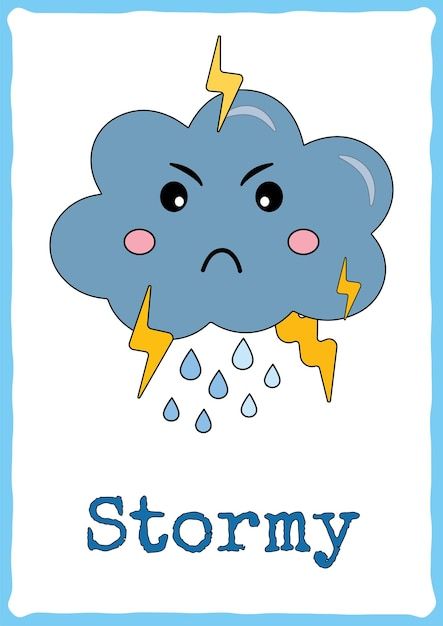 Flashcard for kids with cute weather eve... | Premium Vector #Freepik #vector #temperature #hot-cold #rain-cloud #rainy-cloud Weather Classroom Decorations, Weather Symbols For Kids, Preschool Wall Decoration Ideas, Weather Drawing, Weather Flashcards, Weather For Kids, Weather Activities Preschool, Cute Weather, Weather Clipart