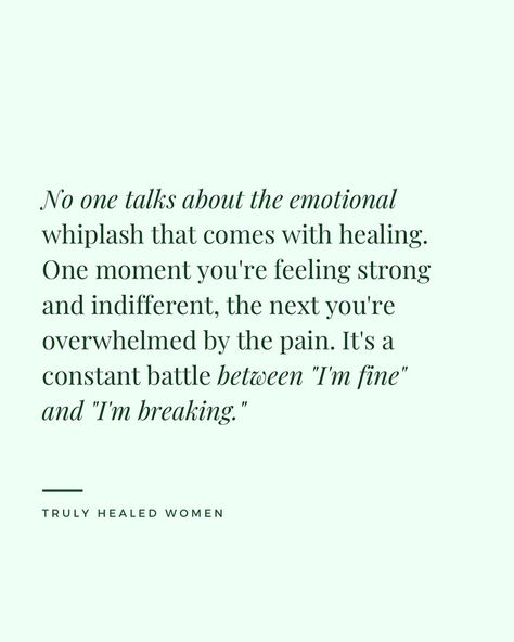 Emotional whiplash: the silent struggle of healing. One minute you’re fine, the next you’re not. And that’s okay. 💚 . . . . . . . #healingjourney #emotionalwhiplash #breakuprecovery #mentalhealth #healingisnotlinear #grief #growthmindset #selflove #youarenotalone #itsokaynottobeokay Healing Is Messy, Mentally Struggling, Silent Struggle, Emotionally Healthy, Working On Me, Whiplash, Healing Journey, Love Yourself, New Chapter