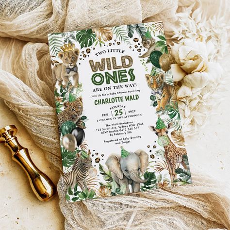 Twin Safari Party Animals Wild Ones Baby Shower Invitation Safari Wild One, Safari Invitation, Jungle Safari Baby, Safari Invitations, Safari Animals Birthday, Lush Jungle, Safari Baby Animals, Wild One Birthday Invitations, Playful Typography