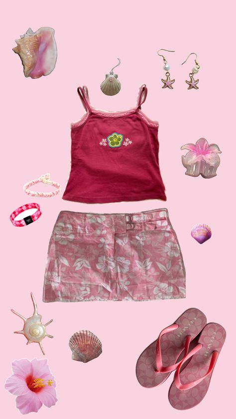 pink beachy coconut y2k hibiscus cutesie outfit inspo! layered tank top + floral skirt Coconut Girl Outfits Y2k, Hibiscus Outfit, Coconut Girl Aesthetic Outfits, Y2k Hibiscus, Beachy Y2k, Summer Thrift, Tropical Outfits, Beachy Outfit, Luau Outfits