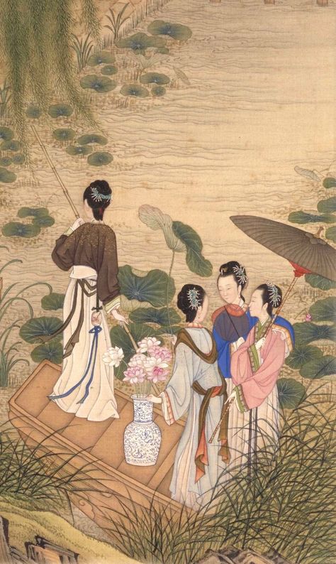 Noble women's clothing of the Qing Dynasty (1636 — 1912) in the painting "Picking Lotus in a Jade-Colored Pond" (六月碧池采莲), by Chen Mei (陈枚) of the Qing Dynasty. Qing Dynasty Painting, Qing Dynasty Art, Vienna Secession, Ancient Chinese Art, Qing Dynasty, Historical Dresses, Hangzhou, Chinese Painting, Ancient Chinese