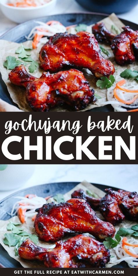 Gochujang Baked Chicken Legs: Spice up your meal with gochujang baked chicken legs, offering a deliciously spicy and savory taste. Split Chicken Legs Recipes, Korean Wings, Chicken Legs Recipes, Chicken Leg Quarter Recipes, Chicken Legs Recipe, Gochujang Chicken, Juicy Baked Chicken, Gourmet Chicken, Baked Chicken Drumsticks