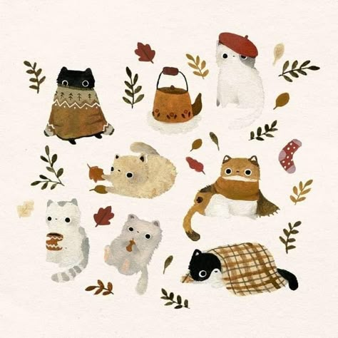 Autumn Cat Illustration, Autumn Cat Art, Fall Cat Art, Paper Doll Illustration, Fall Art Aesthetic, Cat Art Aesthetic, Cats Autumn, Autumn Drawing, Autumn Cats