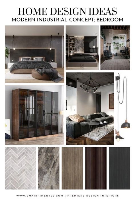 Industrial Color Scheme, Modern Industrial Bedroom, Dark Modern Bedroom, Square Building, Modern Industrial Interior, Industrial Interior Style, Mood Board Interior, Dark Modern, Cebu Philippines