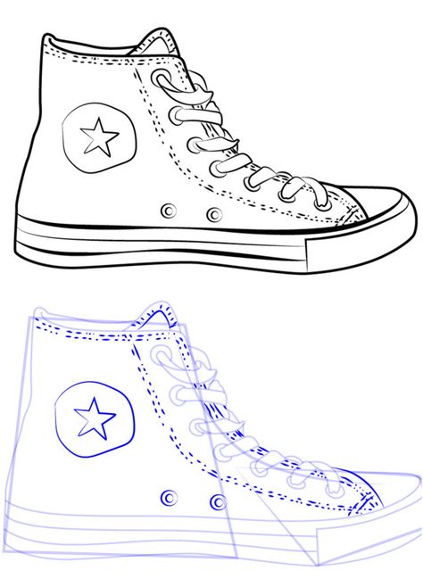 How to Draw Converse Shoe How To Draw Converse, Converse Drawing Reference, Converse Sketch, Draw Converse, Shoes Drawing Ideas, Pointe Shoes Drawing, Converse Street Style, How To Draw Shoes, Converse Drawing