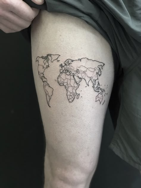 World Map Tattoo Thigh, Geometric Map Tattoo, World Map Tattoo Back, World Map Tattoo Sleeve, World Tattoo Men, World Map Tattoo Men, Earth Map Tattoo, Travel Map Tattoo, Male Thigh Tattoo