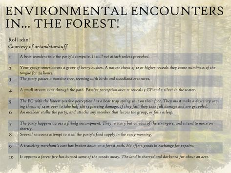 Dnd Forest Encounter Ideas, Dnd Forest Encounter, Forest Encounters Dnd, Dnd Dungeon Ideas, Dnd Ideas For Dms, Dm Resources, Dm Tips, Game Hooks, Random Encounters