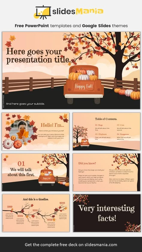 Free autumn theme with pumpkins and fall leaves for PowerPoint and Google Slides. Countryside fall template is a cute autumn theme with warm colors that features a little pickup truck with pumpkins, and a tree with falling red, yellow and brown leaves. This template is perfect to celebrate fall or to use for back to school this coming autumn. It includes a morning meeting / daily agenda slide and a certificate layout. Agenda Slide, Free Powerpoint Templates Download, Certificate Layout, Truck With Pumpkins, Teaching 5th Grade, Powerpoint Slide Designs, Note Writing Paper, Daily Agenda, Brown Leaves