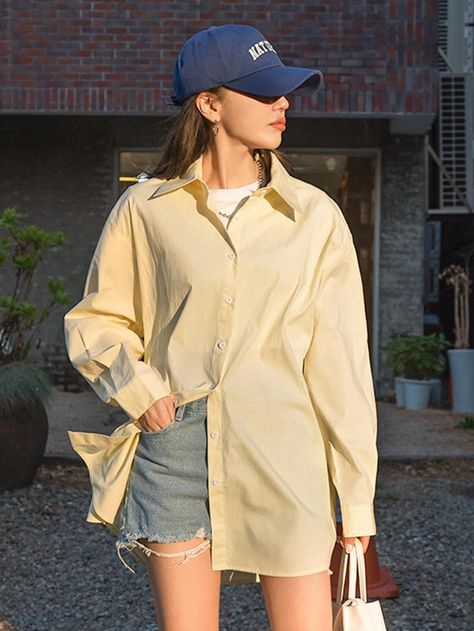 Pastel Shirt Outfit, How To Style Yellow Shirt, Big Blouse Outfit, Yellow Shirt Outfit Women Casual, Dad Shirt Outfit Women, Yellow Oversized Shirt Outfit, Yellow Linen Shirt Outfit, Big Button Up Shirt Outfits, Button Up Shirt Outfit Aesthetic