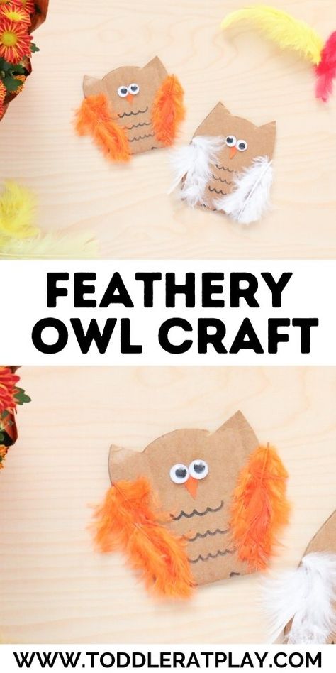 Feathery Owl Craft - Toddler at Play Preschool Owl Craft, Owl Crafts For Toddlers, Unique Kids Crafts, Homeschooling Activities, Robot Craft, Owl Craft, Crafts For Toddlers, Rainy Day Crafts, Christmas Shower