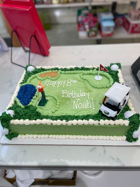 Sheet cake decorated like a golf course for 8th birthday celebration Sheet Cake Decorated, Golf Course Cake, Sheet Cakes Decorated, Golf First Birthday, Golf Birthday Cakes, Golf Theme Party, Golf Cake, Birthday Sheet Cakes, Golf Birthday Party