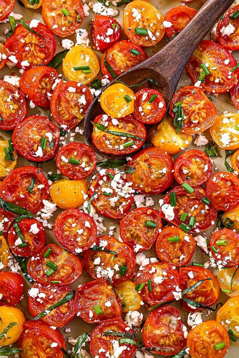 Crack Tomatoes {The Best Oven Roasted Tomatoes} Baked Grape Tomatoes, Ranch Roasted Vegetables, Roasted Cherry Tomatoes With Feta, Sheet Pan Tomato Sauce, Cherry Tomato Feta, Lettuce Vegetable, Summer Side Dishes Recipes, Sausage Jambalaya, Cherry Tomato Recipes