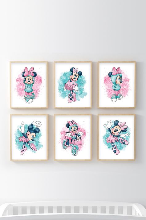 Disney Minnie Mouse Girls Room Wall Art Minnie Mouse Bedroom Ideas, Minnie Mouse Bedroom Decor, Minnie Mouse Bedroom, Shared Nursery, Toddler Nursery, Disney Wall Art, Kids Bedroom Wall Art, Mouse Wall, Kids Room Prints