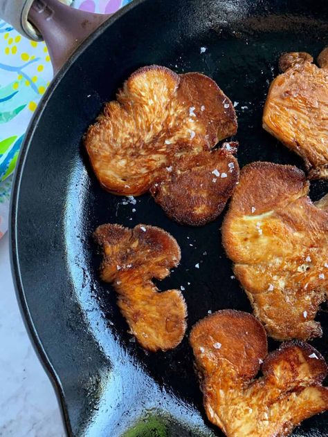 Learn an easy fool-proof method to cooking the unique Lion's Mane Mushroom! This pan fried lion's mane is a simple and delish way to include this powerhouse fungi into your diet. Fried Lions Mane Mushroom, Lion's Mane Mushroom Recipes, Cooking Lions Mane Mushroom, Vegan Lions Mane Steak, Lion Mane Mushroom Vegan Recipes, Lions Mane Mushroom Recipe, Lion's Mane Mushroom, Lions Mane Mushroom, Pasta Easy