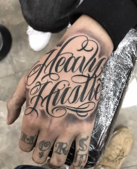 Hand Tattoo Writing Words, Hand Cursive Tattoo, Hand Name Tattoos Men, Gangsta Tattoos For Women Hand, Script On Hand Tattoo, Hand And Arm Tattoos For Guys, Hand Tattoos For Guys Ideas Design, Guy Hand Tattoos, Hand Tattoo Writing