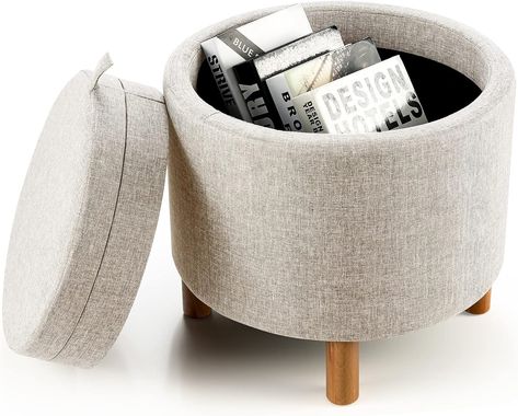 COSTWAY Linen Round Footstool, 4-in-1 Pouffe Storage Ottoman with Tray Top and Solid Wood Legs, Modern Padded Seat Footrest Vanity Stool for Living Room Bedroom Hallway (Beige) Ottoman With Tray, Stool For Living Room, Round Furniture, Round Footstool, Padded Stool, Round Storage Ottoman, Round Storage, Storage Footstool, Vanity Stool