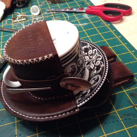 Royal Crown Derby teacup holster. The style of cup and saucer is called Steampunk Tea Cup Holster, Victorian Ironwork, Teacup Holster, Renfaire Costume, Ren Faire Costume, Teacup Crafts, Pirate Outfit, Victorian Hats, Steampunk Women