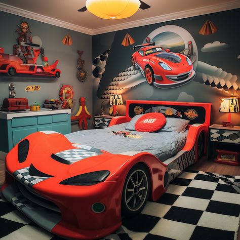 Hot Wheels Bedroom, Toddler Car Bed, Boy Room Themes, Baby Boy Nursery Colors, Dj Room, Toddler Boy Room Decor, Boys Bedroom Makeover, Cool Kids Bedrooms, Modern Kids Bedroom