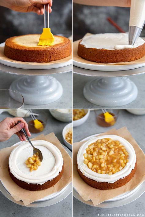 Apple Cider Layer Cake - The Little Epicurean Apple Cider Layer Cake, Apple Filled Cake, Apple Cake Filling Recipes, Apple Cake Decoration Ideas, Apple Cake Birthday, How To Assemble A Layer Cake, How To Layer Cakes With Filling, Apple Filling For Cake, Fall Cake Flavors And Fillings