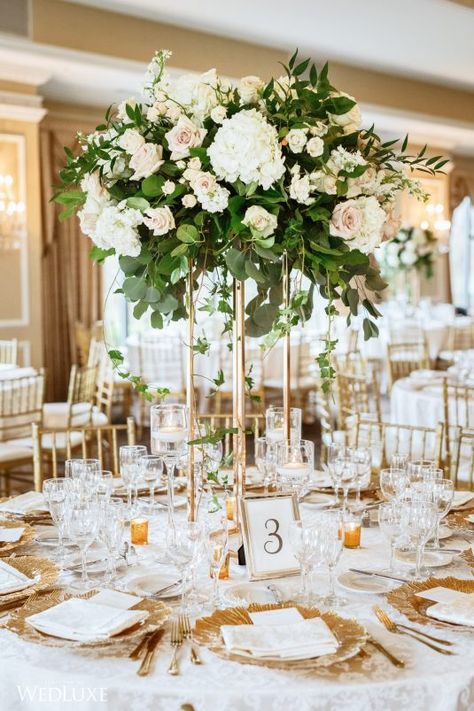 WedLuxe Magazine A Modern Gold, White, and Green Wedding At Oheka Castle Science Wedding, Rustic Wedding Decorations, Tall Wedding Centerpieces, Flowers And Greenery, Romantic Garden Wedding, Wedding Floral Centerpieces, Tall Centerpieces, Tall Vase, Santa Barbara Wedding