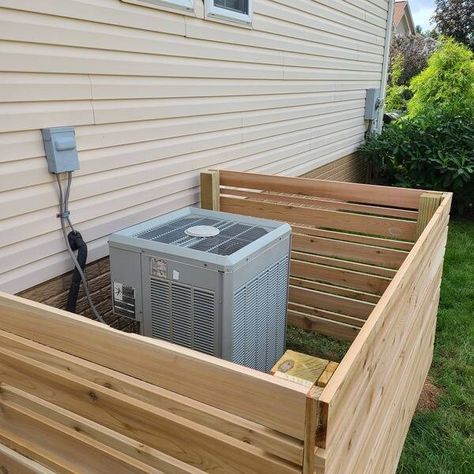 Air conditioner screen and stairway screen. - RYOBI Nation Projects Ac Fence, Cedar Screen, Lake House Backyard, Hide Electrical Panel, Wood Shack, Under Deck Patio, Air Conditioner Screen, Air Conditioner Cover Outdoor, Cabin Outside