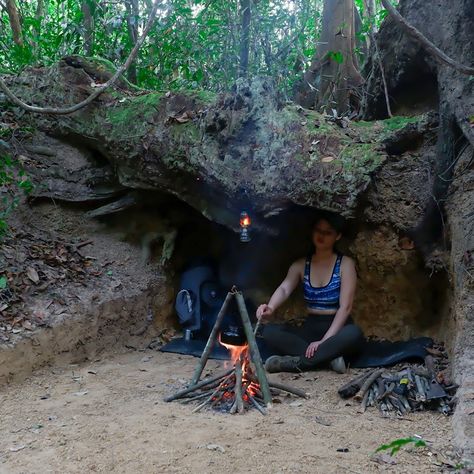 Complete DUGOUT Shelter Build | Bushcraft Camp With Brick & Wood Stove - YouTube Stealth Bushcraft Shelter, Brick Wood Stove, Dugout Shelter, Shelters In The Woods, Bushcraft Camp, Tarp Shelters, Bushcraft Shelter, Off Grid Survival, Camping Shelters