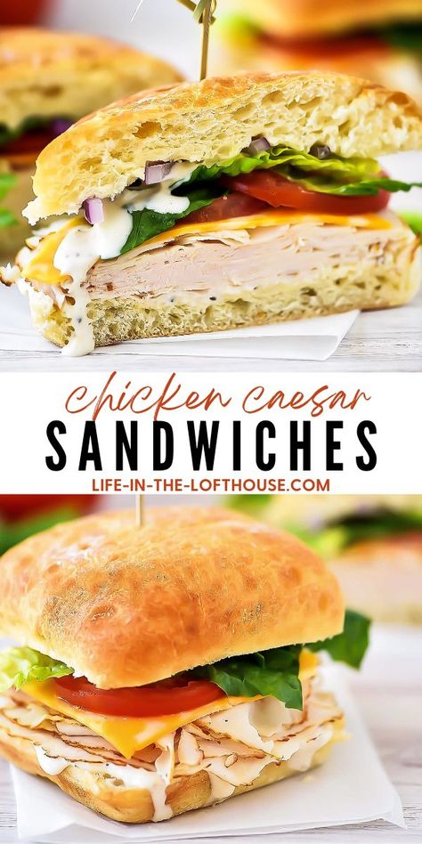 You cannot go wrong with these incredible Chicken Caesar Sandwiches! They're filled with thinly sliced chicken, cheese and more between two Ciabatta rolls. These sandwiches are perfect for a quick lunch on a warm day! Chicken Caesar Sandwich, Ciabatta Rolls, Rolled Sandwiches, Sandwhich Recipes, Best Sandwich Recipes, Cold Sandwiches, Deli Sandwiches, Dinner Sandwiches, Chicken Sandwich Recipes