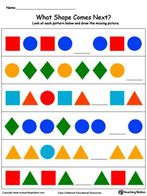 **FREE** What Colorful Shape Comes Next? Worksheet.Your child will learn to recognize and complete patterns by identifying next picture, color, size and shape in this printable worksheet. What Comes Next Worksheets Preschool, Shape Patterns Preschool, What Comes Next Pattern Worksheet, Patterns With Shapes, Kindergarten Patterns, Pattern Preschool, Preschool Pattern Activities, Patterns Worksheet, Pattern Worksheets For Kindergarten