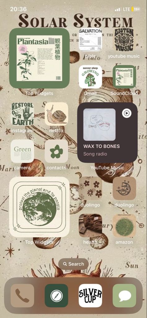 Widget Iphone Aesthetic Earthy, Earth Tones Icons For Apps, Green Themed Homescreen, Aesthetic Homescreen Layout Green, Brown And Green Homescreen, Earthy Phone Case, Green Earthy Aesthetic Wallpaper, Earthy Phone Theme, Earthy Home Screen