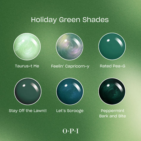 Want to branch out with green holiday hues? Don’t leaf without trying these Grinch-approved shades. 🎄💚🍃 *SAVE* for client inspo! #OPI #OPIObsessed #HolidayNails #greennails Dark Green Opi Gel Polish, Opi Holiday Nails, Opi Greens, Opi Green Nail Polish Shades, Opi Christmas Colors, Dark Green Holiday Nails, Holiday Dip Nails Winter, Nails Green Christmas, Opi Green