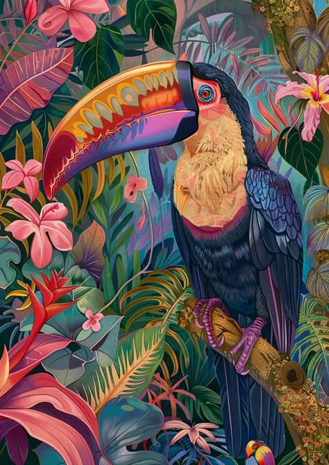 Tropical Animals Aesthetic, Tropical Animals Art, Tropical Plant Art, Animals Oil Painting, Jungle Animal Drawings, Jungle Painting Acrylic, Jungle Art Painting, Jungle Art Tropical, Flora And Fauna Art