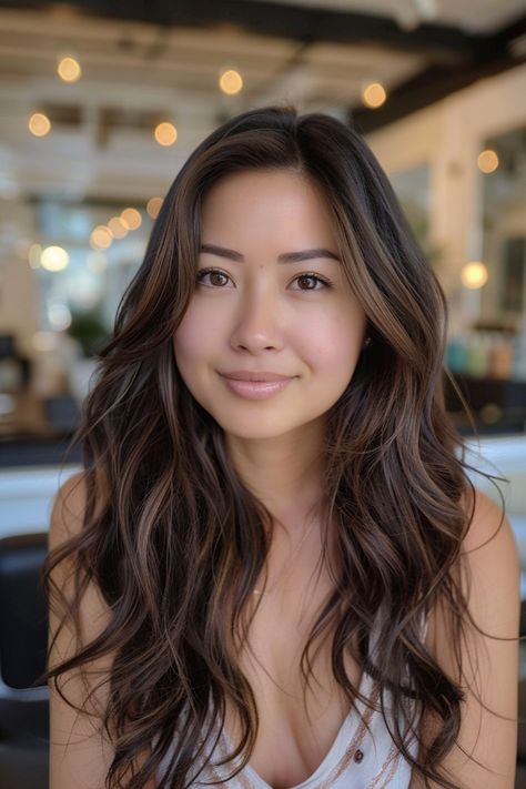 Woman with long wavy hair smiling in a warmly lit indoor setting. Mocha With Highlights, Espresso Brown Balayage, Brown Hair With Lighter Highlights, Asian Brown Highlights, Korean Dark Brown Hair, Brown Hair With Pale Skin, Dark Coffee Hair Color, Highlights For Black Hair Asian, Asian Hair With Highlights