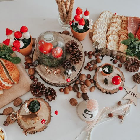 Grazing board with breads, crackers, cheese and meats Acorn Birthday Party, Fall Woodland Birthday Party, Woodland Birthday Party Activities, Woodland Theme Birthday Party Decor, Fungi Birthday Party, Woodland Kids Party, Mushroom Theme Birthday Party, Fall Fairy Party, Mushroom Birthday Party Decor