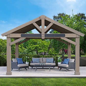 Yardistry 12' x 24' Gazebo with Aluminum Roof | Costco Covered Patio Kitchen, Poolside Bar Ideas, Desert Backyard Ideas, Costco Gazebo, Wooden Furniture Plans, Design Consideration, Timber Frame Pavilion, Desert Backyard, Gazebo Roof