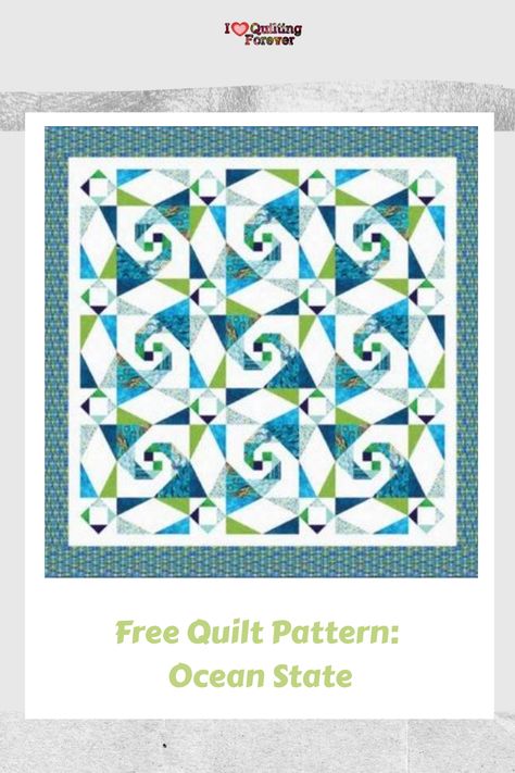 Free Quilt Pattern: Ocean State Ocean Inspired Quilts, Nautical Quilt Patterns Free, Storm At Sea Quilt Pattern Free, Beach Themed Quilts, Ocean Waves Quilt, Blue Quilt Patterns, Coastal Quilts, Storm At Sea Quilt, Storm At Sea