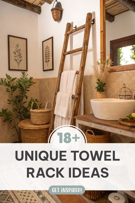 Click for More ➡️ | Save for Later ❤️ | Unique Towel Rack Ideas: Add a vintage touch with a classic ladder towel rack. Towel Rack Bedroom Ideas, Towel Rack Over Toilet Ideas, Towel Ladders For Bathroom, French Country Towel Rack, Boho Bathroom Towel Rack, Towel Rack Over Toilet, Driftwood Towel Holder, Towel Drying Ideas, Creative Towel Rack Ideas