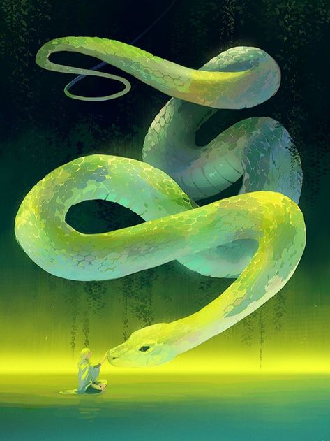 Snake Illustration, Snake Art, Year Of The Snake, Green Snake, Mystical Art, China Art, Running Water, Ethereal Art, Creative Drawing