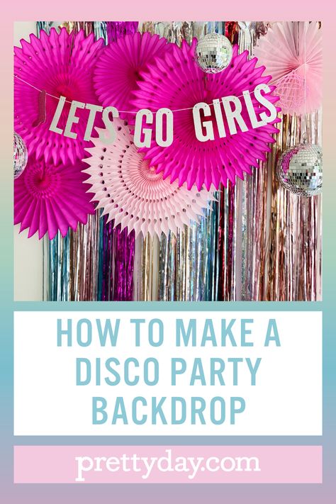 Whether you're planning a disco bachelorette, disco birthday party or just love disco, this easy diy backdrop tutorial is exactly what you need to create a stunning and easy DIY backdrop! Disco Picture Backdrop, Disco Theme Backdrop, Last Disco Backdrop, Pink Disco Backdrop, Pink Disco Party Backdrop, Disco Birthday Party, Fringe Backdrops, Diy Backdrop, Disco Party