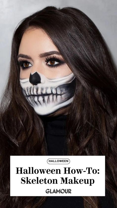 Learn step by step how to get this skeleton beauty look for Halloween. Half Skeleton Makeup, Skeleton Makeup Tutorial, Half Skull Makeup, Joker Halloween Makeup, Lily Lashes, Makeup For Halloween, White Face Paint, Joker Halloween, Black Eyeliner Pencil