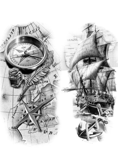 Map Sleeve Tattoo, Map Compass Tattoo, Masculine Tattoo Ideas, Long Tattoo Design, Ship Tattoo Design, Pirate Tattoo Sleeve, Ship Tattoo Sleeves, Tattoo Design For Men, Long Tattoo