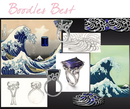 Boodles Best: Rebecca Hawkins, Head Designer "My favourite Boodles piece would have to be the “Ocean” ring. As a child I had a copy of Hokusai’s masterpiece The Great Wave in my bedroom, then a few years ago I came across the Bunnies version by Kozyndan. It inspired me to create this ring featuring stylised wave motifs crashing up against a rock; the white diamonds in the wave evoking the sea foam and forming a dramatic contrast with the beautiful deep purple blue of the Tanzanite." Jewelry Sketch, Ocean Ring, Jewelry Rendering, Colored Pencil Artwork, Jewellery Design Sketches, The Great Wave, Jewelry Illustration, Jewelry Design Drawing, Jewelry Drawing