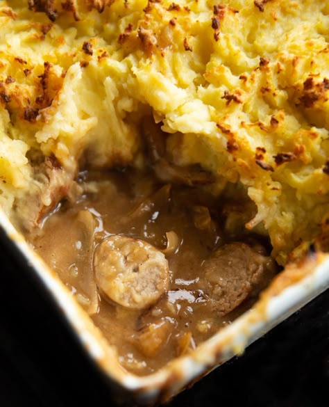 Sausage And Mash Bake, Sausage Cottage Pie, Bangers And Mash Pie, Sausage And Mashed Potatoes Recipes, Mash Potato Pie, Sausage And Mash Pie, Parmesan Parsnips, Sausage Pie Recipe, Sausage Pie