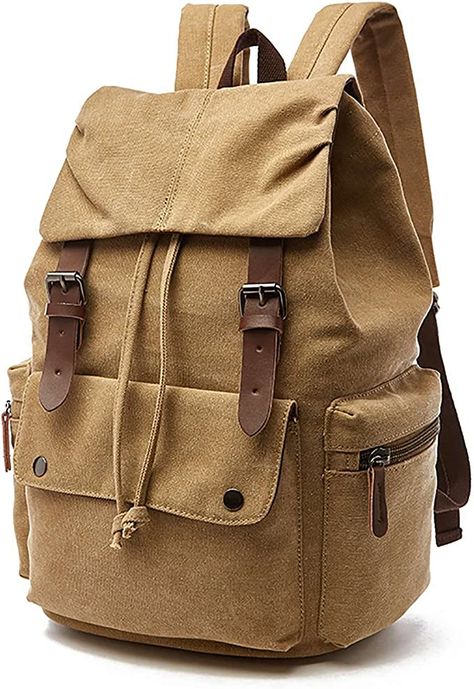 Amazon.com: Canvas Backpack Rucksack Genuine Leather Casual Daypack Schoolbag College Bookbag for Men Women Outdoor Cycling Hiking Travel Laptop School Black : Clothing, Shoes & Jewelry Tan Backpack, Canvas Rucksack, Hiking Bag, Rucksack Bag, Camping Style, Back Bag, Stylish Backpacks, Rug Bag, Vintage Canvas