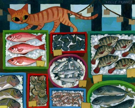 ✨Kelly Pringle✨ on X: "cat at the fish market 🐟 https://t.co/j6q0b3wDB2" / X Fish Market Illustration, Kelly Pringle, Sea Illustration, Fish Market, Mary Poppins, The Fish, Funky Art, Retro Art, Pretty Art