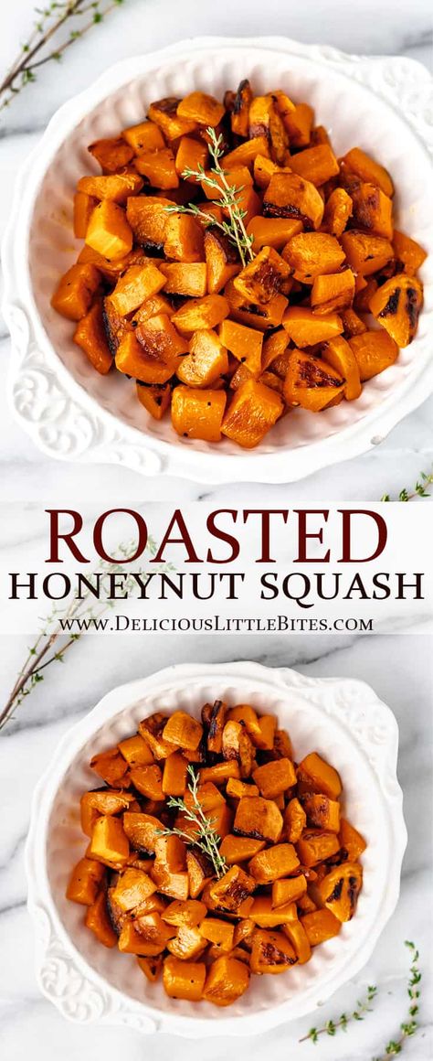 This 4-ingredient side dish is simple to prepare, plus it’s healthy too. Roasted Honeynut Squash makes a great dish for Thanksgiving starring seasonal produce and sweet caramelized flavor. It’s a wonderful recipe to try if you enjoy eating butternut squash. | #honeynutsquash #honeynut #roastedhoneynut #squash #sidedish Honey Nut Squash Recipe, Roasted Honeynut Squash, September Meals, Grain Sides, Roasted Squash Recipes, Healthy Squash Recipes, Honeynut Squash, Baked Meatballs, Delicious Sides